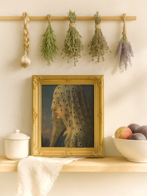 Fine art print of a woman in profile wearing a lace veil embroidered with multiple all-seeing eyes and blue teardrop details. The giclée reproduction features a romantic, gothic painting style with symbolic motifs, perfect for dark academia interiors, witchy decor, and spiritual spaces. Printed on soft textured archival paper in multiple sizes.